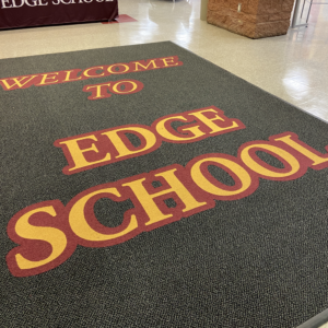 School entrance inlaid logo mat. Made with Equinox™ matting and coloured commercial carpet.